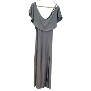 Womens Cold Shoulder Ruffle Maxi Dress V-Neck Side Slit Slate Blue Gray